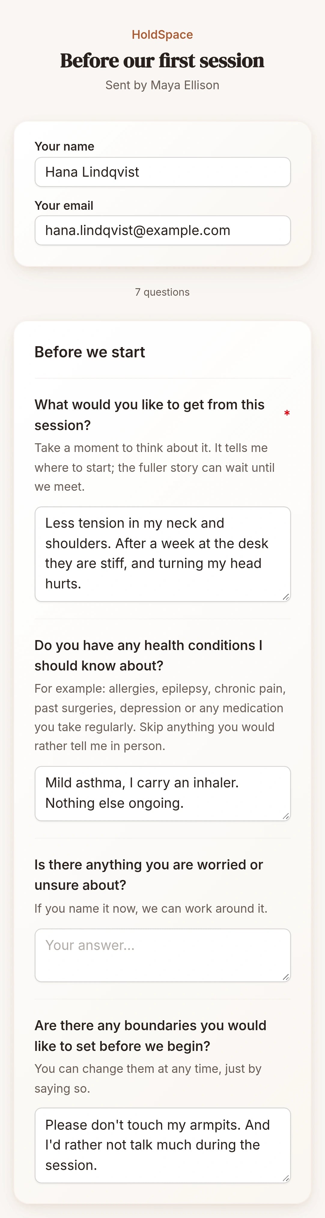 The form as the client sees it. Their name and email are already filled in, then come your questions. No sign-up needed.