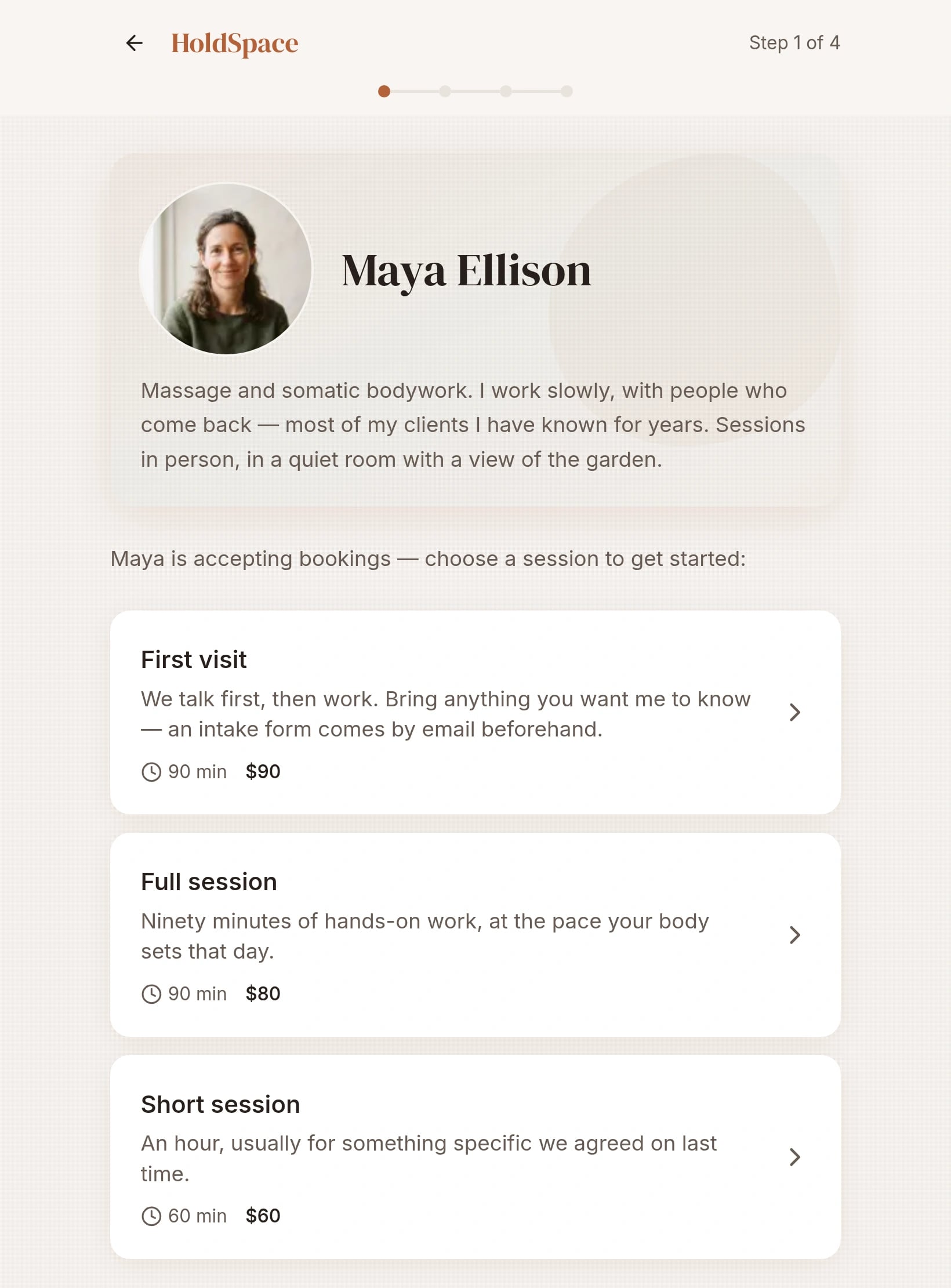 Public booking page of a demo practice: three session types with length and price.