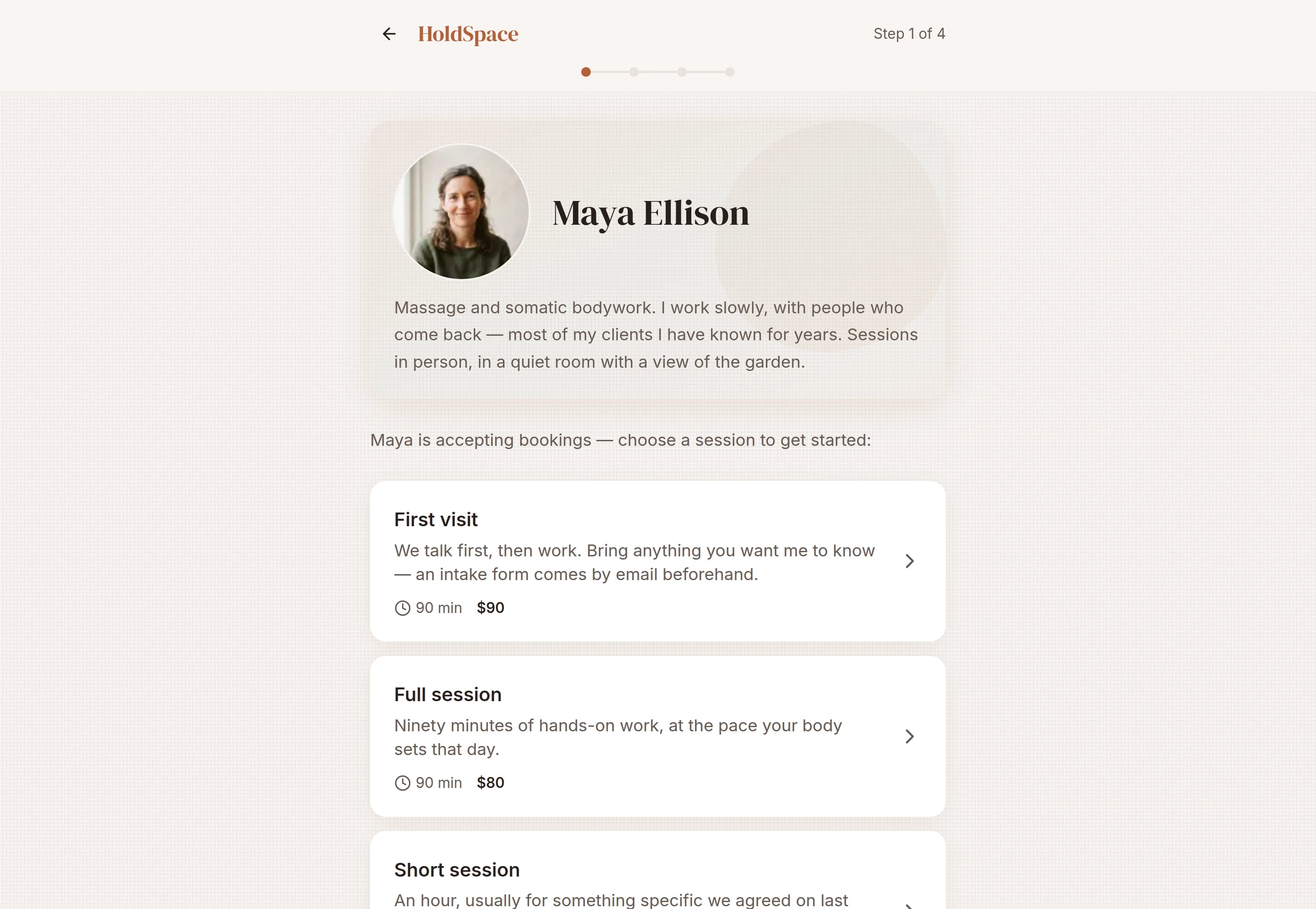 The public booking page of a demo practice: session types with length and price.