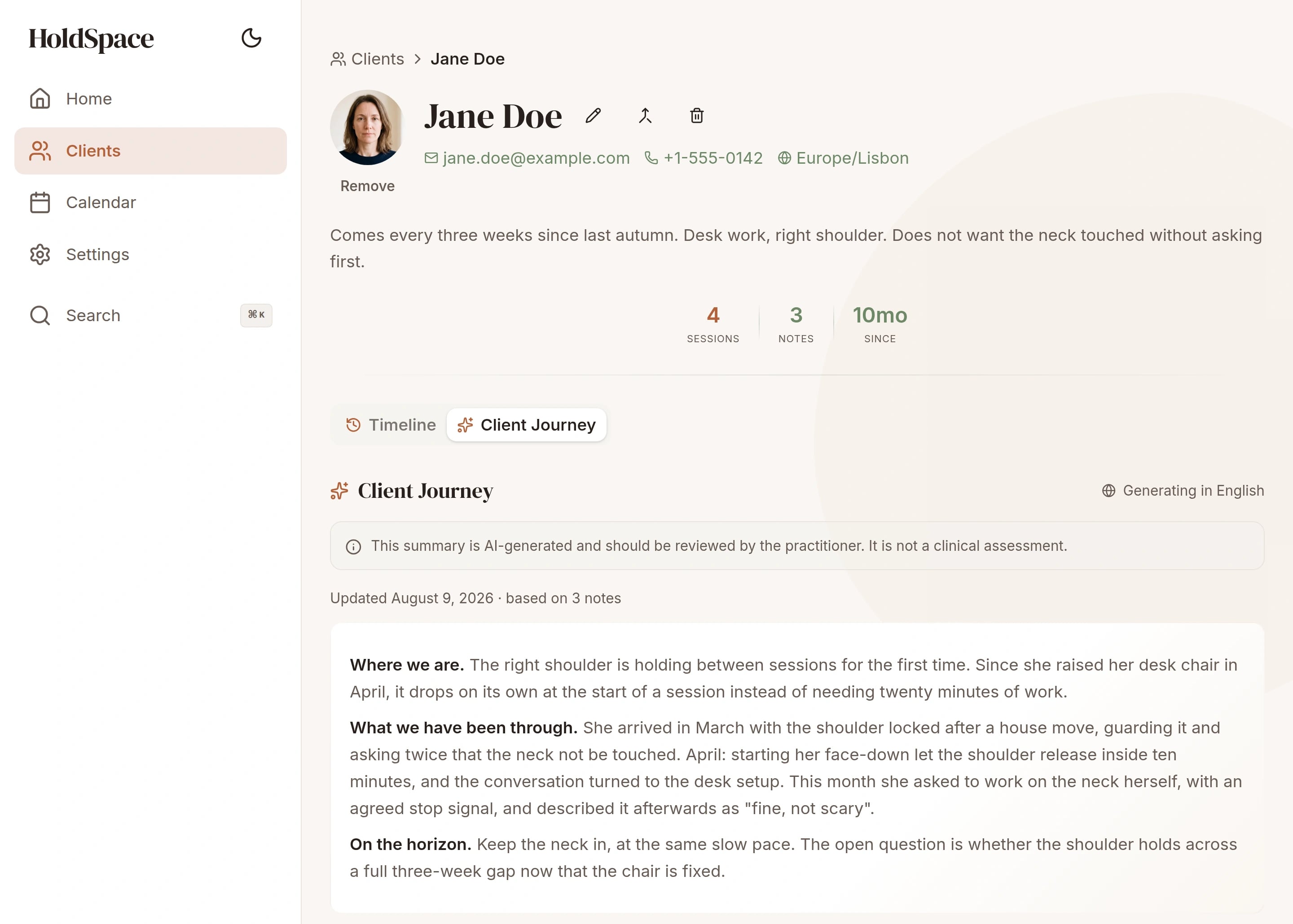 The Client Journey summary for a returning client.