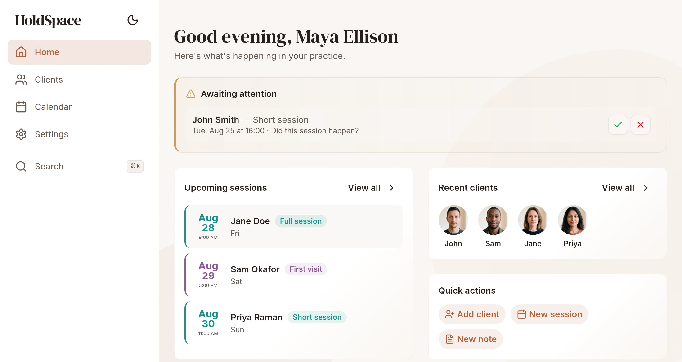 Practitioner dashboard with an unmarked past session and upcoming bookings.