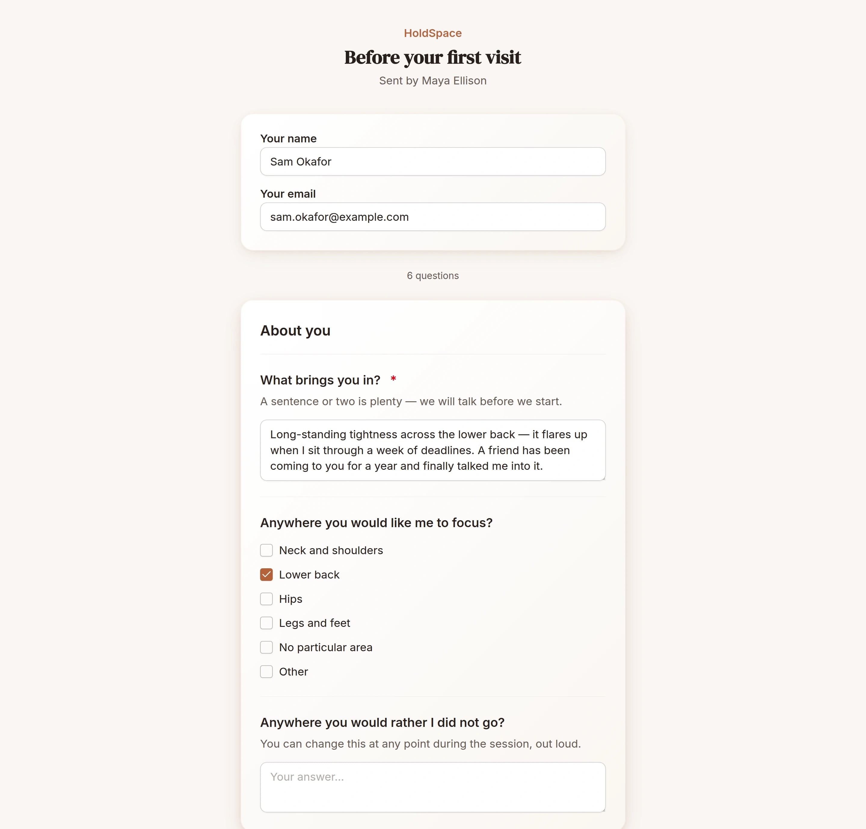 The intake form as the client fills it in.